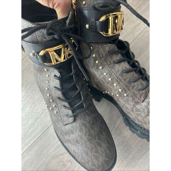 Michael Kors Women's Lace-Up Boots US7.5/24cm Leather Monogram Gold Mint - Picture 5 of 7